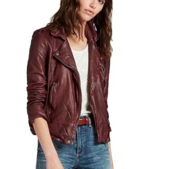 Lucky Brand Merlot Burgundy Soft Lamb Leather Moto Jacket - XS Biker Jacket - Picture 1 of 16